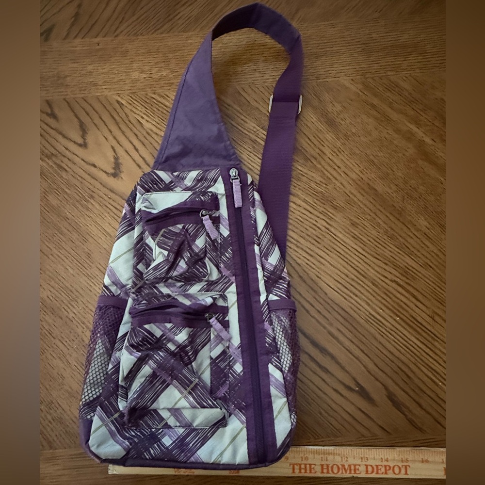 Thirty One Purple and White Sling Bag.